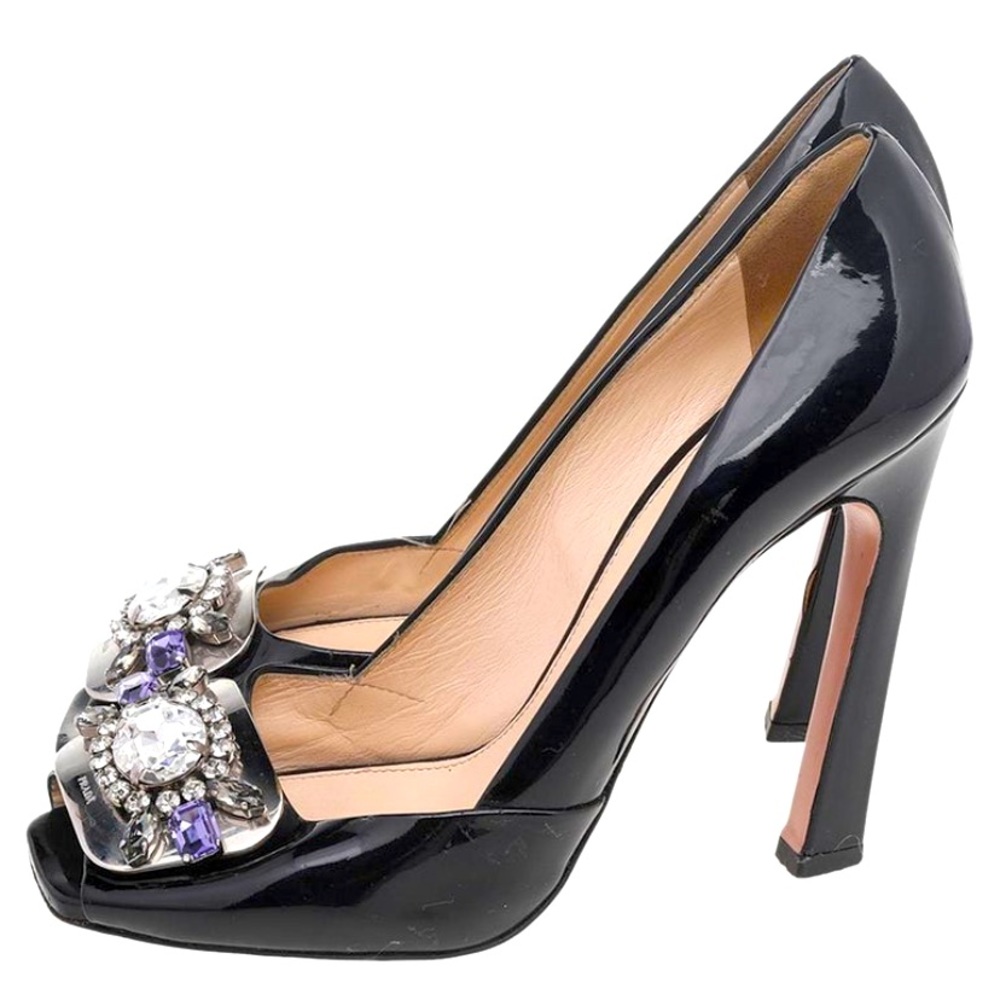 PRADA size 37 Patent Leather pumps with Embellished prep toe Black